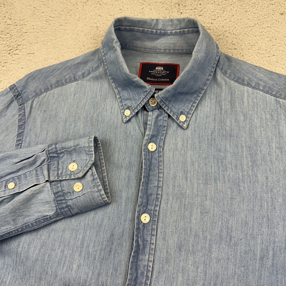 Hawes &‎ Curtis Shirt Mens Medium Blue Chambray Button Down Slim Fit Long Sleeve